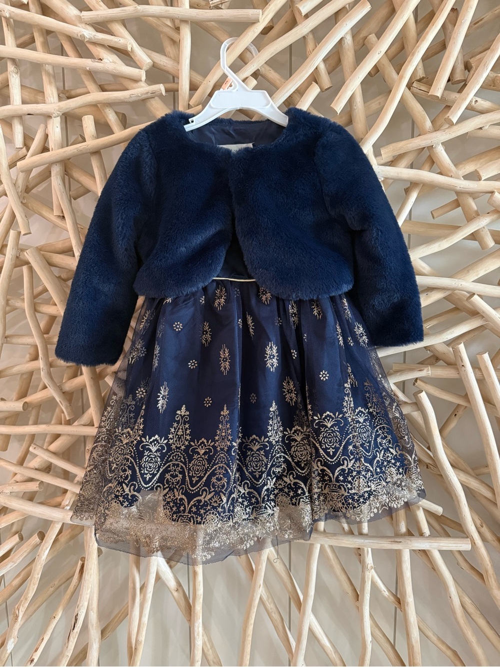 Navy Faux Fur Bolero & Tulle Dress Set - Elegant Girls' Party Outfit 3T